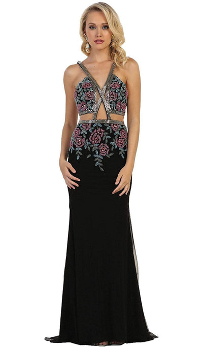 May Queen - Beaded and Embroidered Sleeveless Sheath Evening Gown in Black