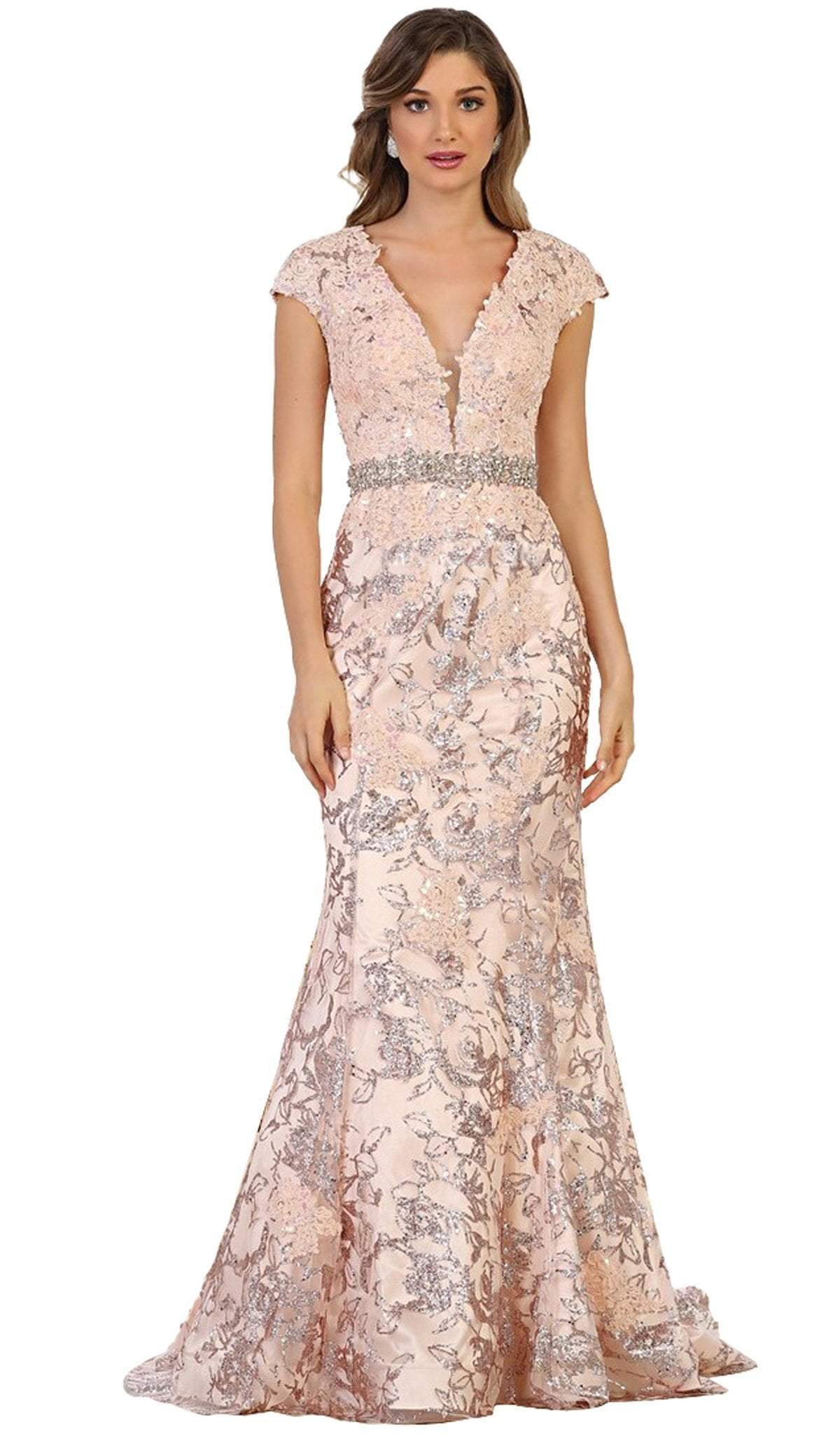 May Queen -RQ7610 Plunging Neck Embellished Evening Gown