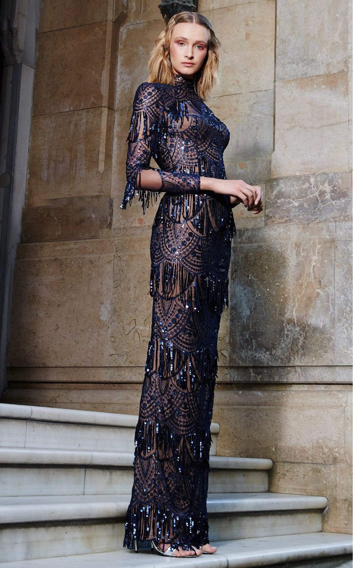 MNM COUTURE - N0293 Long Sleeve Sequined High Neck Sheath Gown In Blue