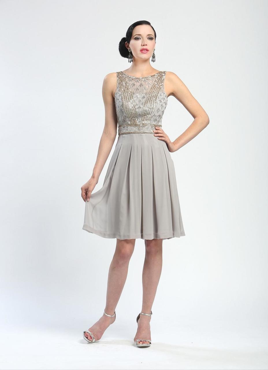 Sue Wong - Ornate V-Cut Back Dress N4216 in Silver and Gray