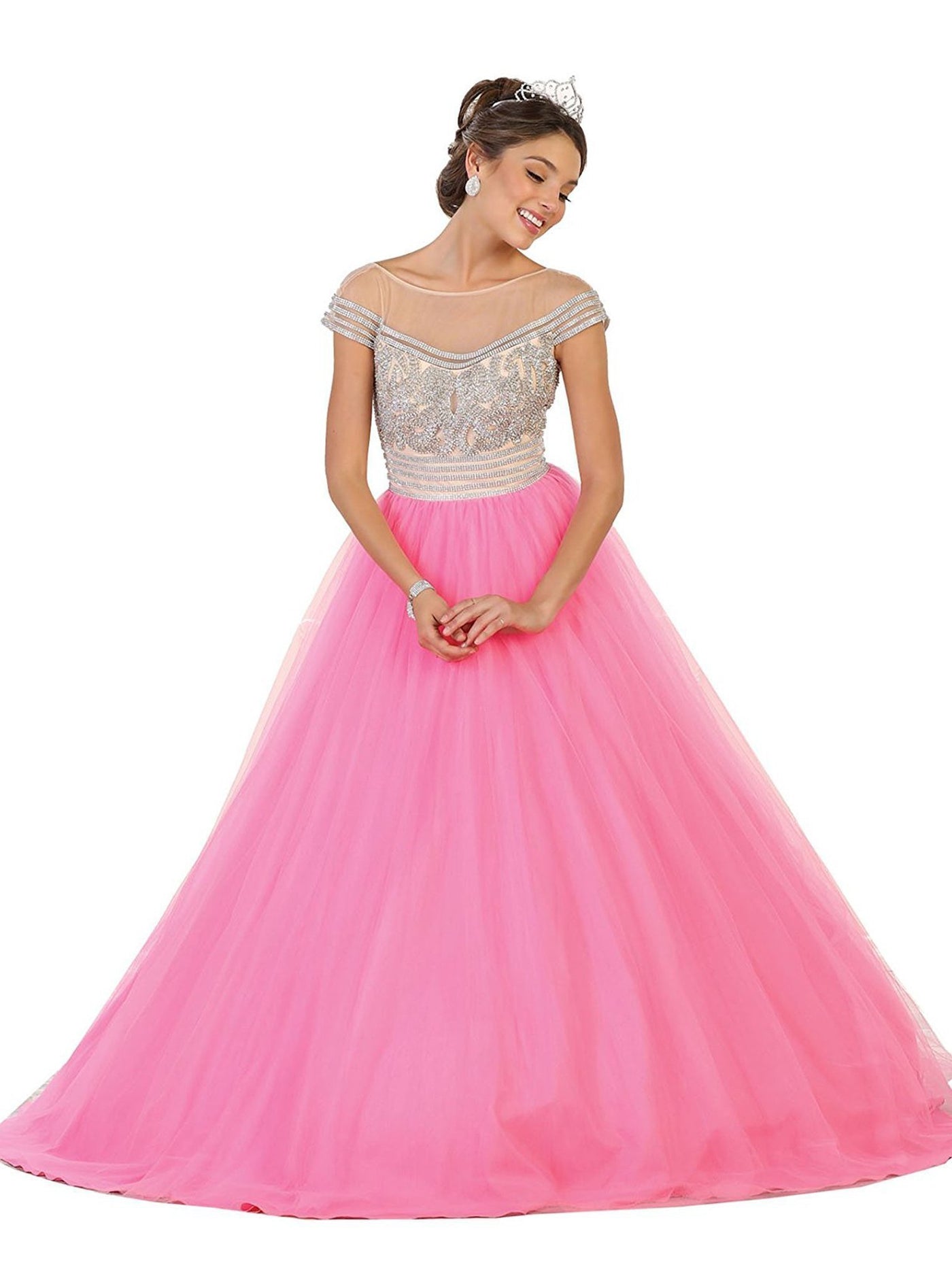 May Queen - LK87 Cap Sleeve Crystal Embellished Quinceanera Ballgown In Pink