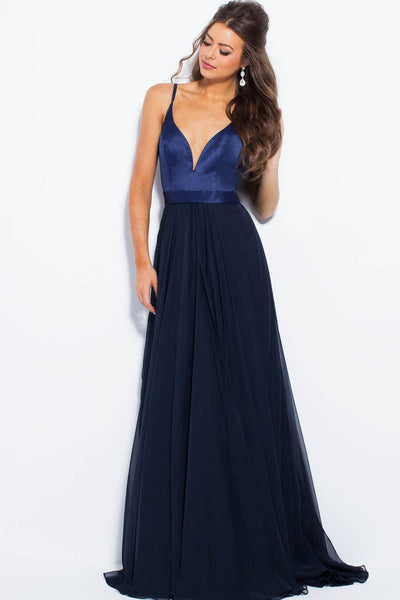 Jovani - JVN51181 Sleeveless Satin Bodice A-Line Gown in Blue