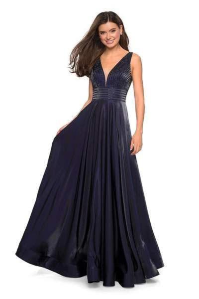 La Femme - Illusion Plunging V Neck Two Toned Satin A-Line Gown 27205 In Blue