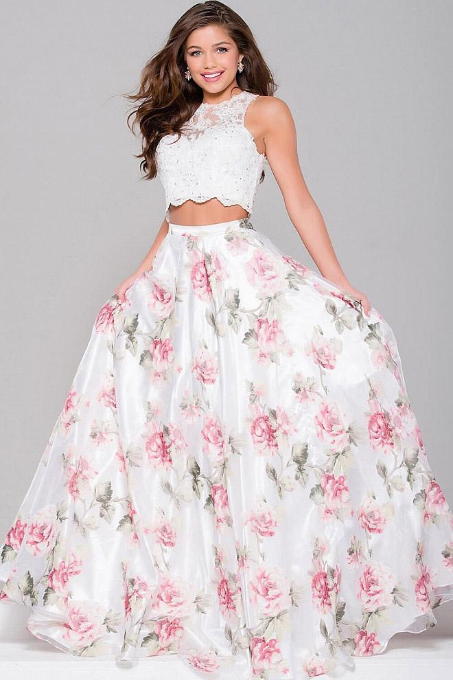 Jovani - Floral Two-Piece Dress JVN41771 in White and Multicolor