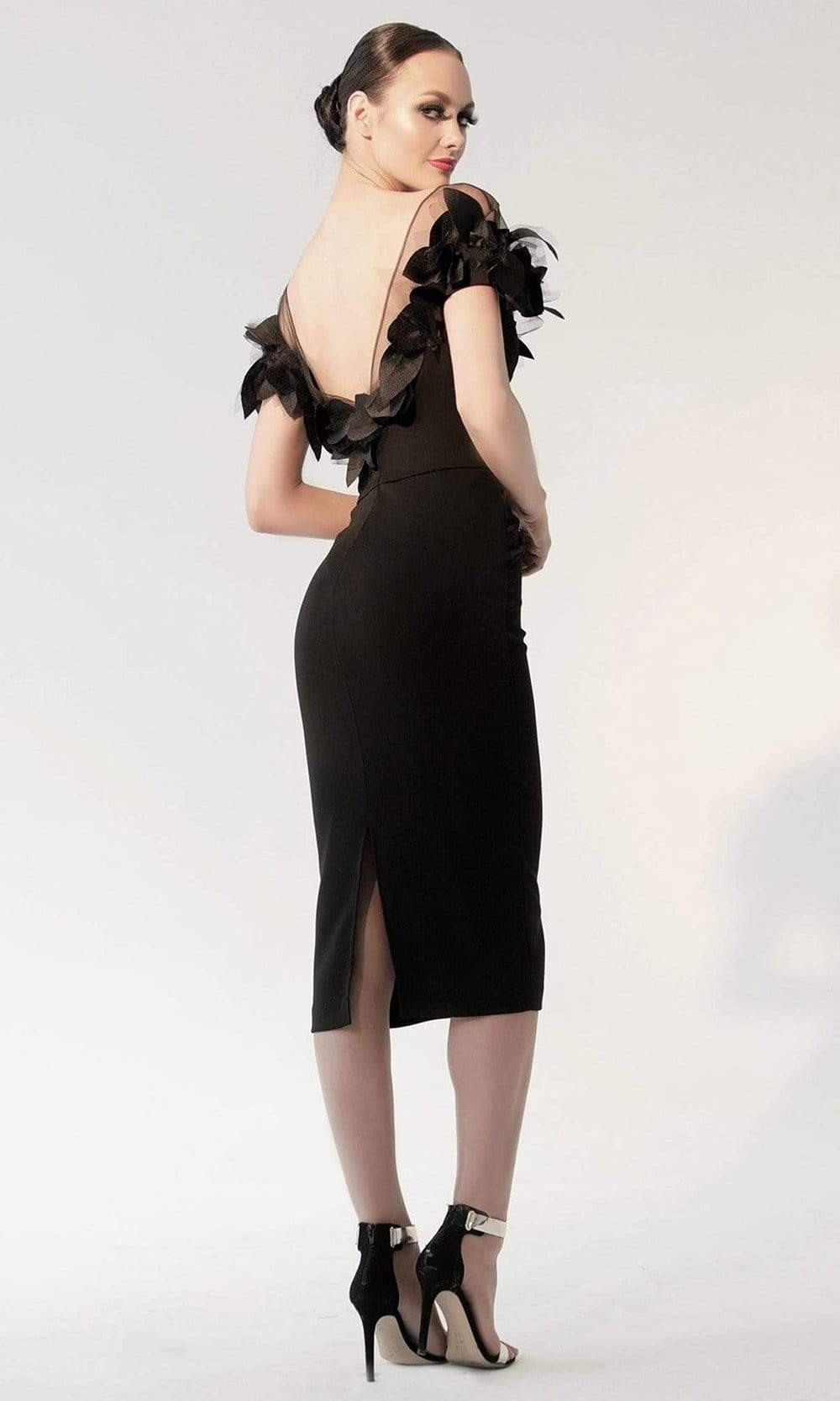 Nicole Bakti - 604SC Illusion Off Shoulder Embellished Fit Midi Dress In Black