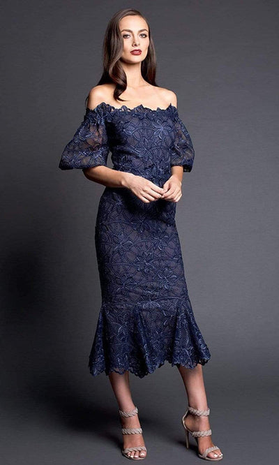 Nicole Bakti - 661SC Floral Off Shoulder Tea Length Dress In Blue