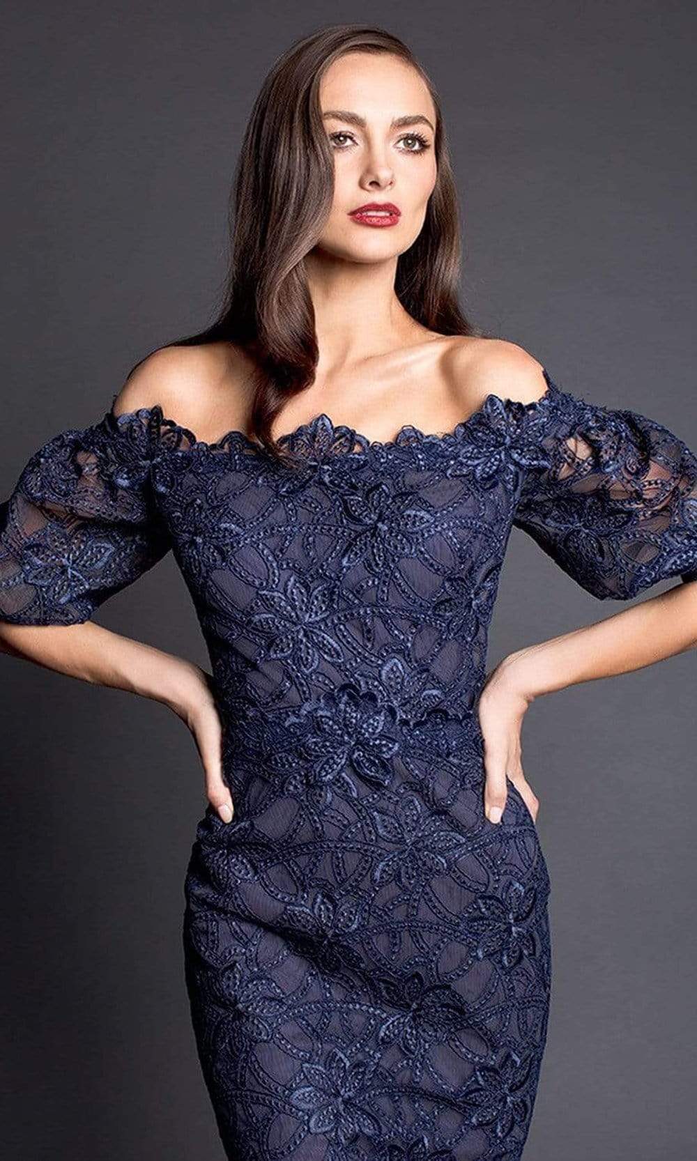 Nicole Bakti - 661SC Floral Off Shoulder Tea Length Dress In Blue
