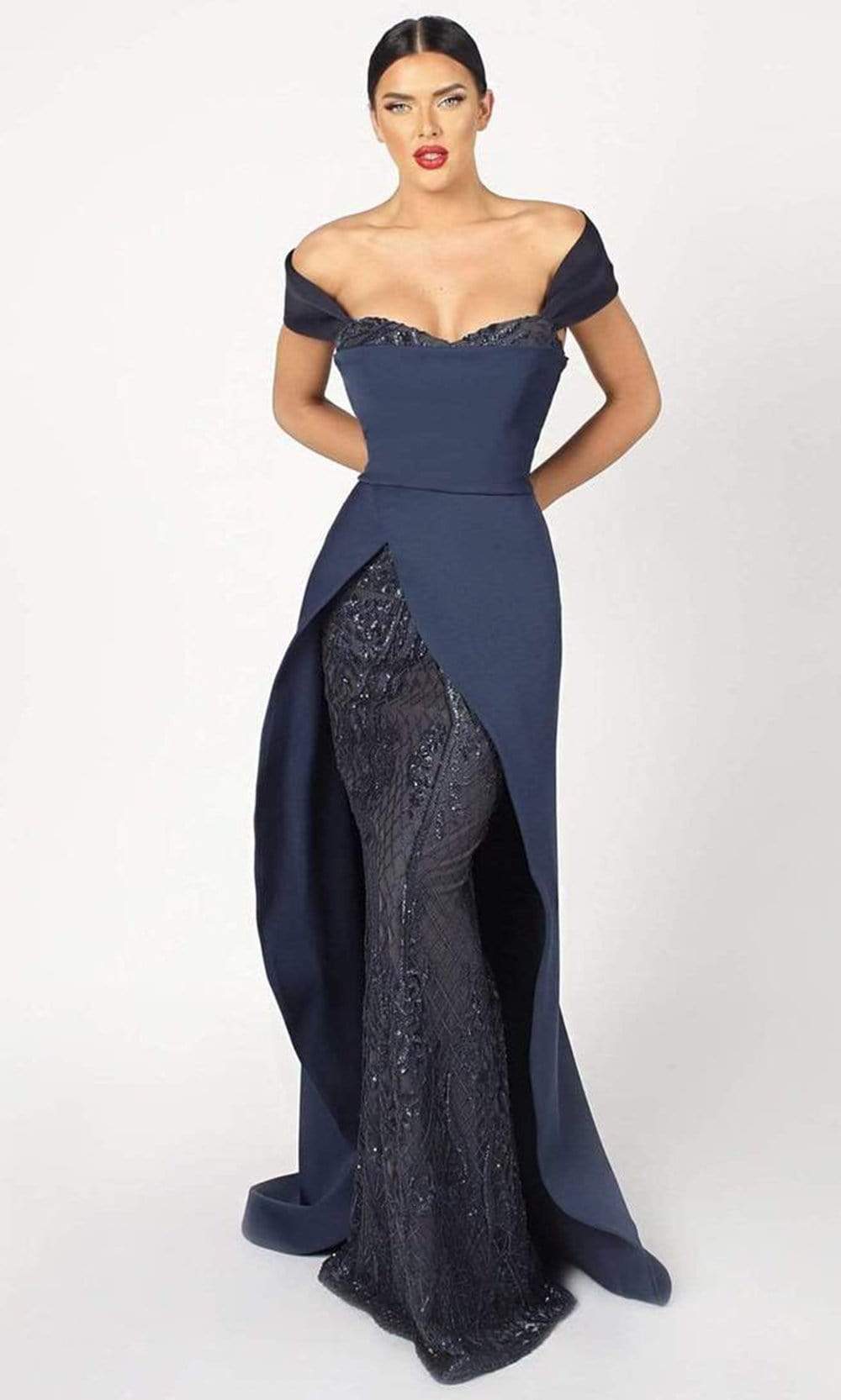 Nicole Bakti - 7029SC Sweetheart Creative Overlay Evening Gown In Blue and Black