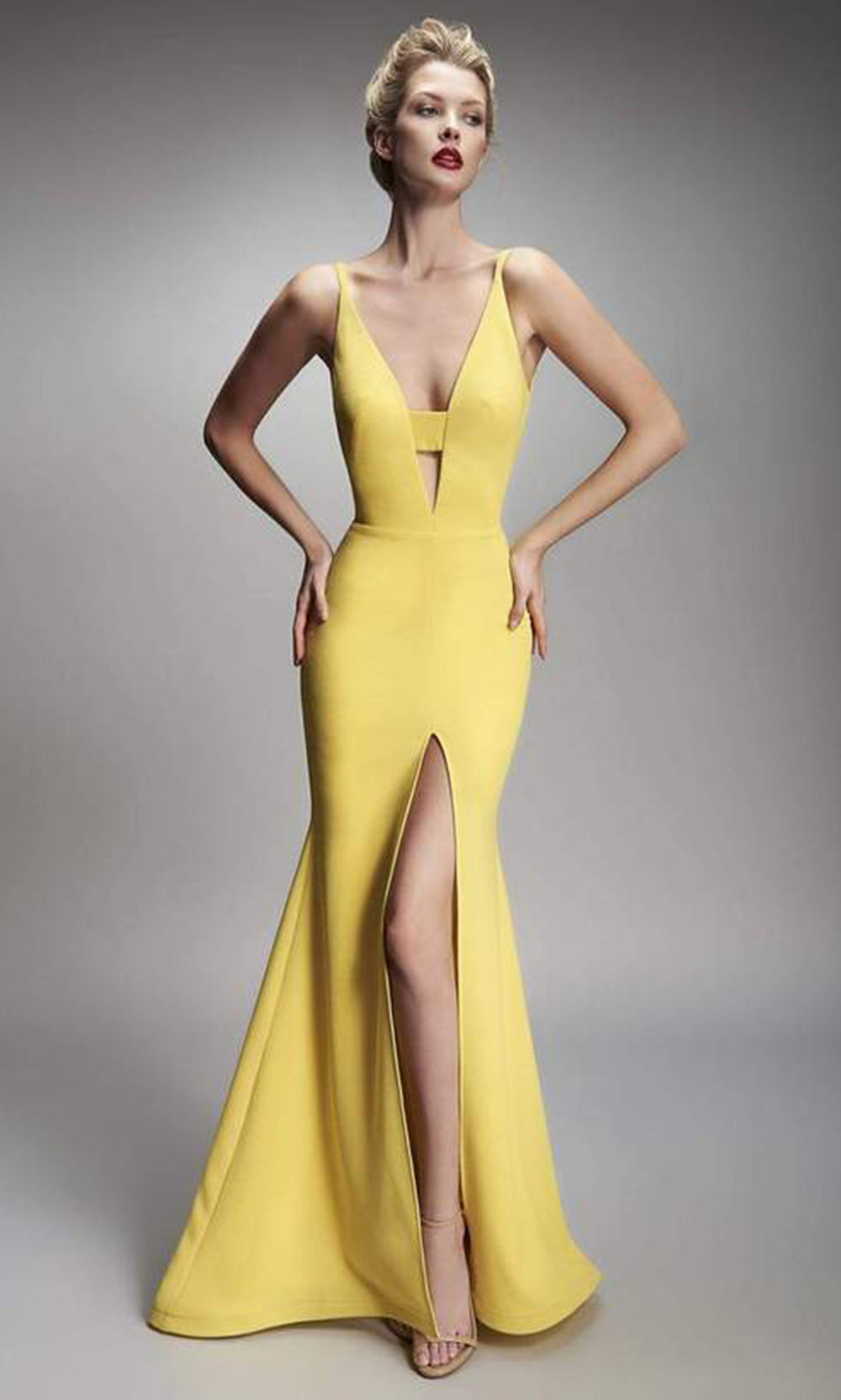 Nicole Bakti - Cutout Ornate High Slit Long Gown  In Yellow