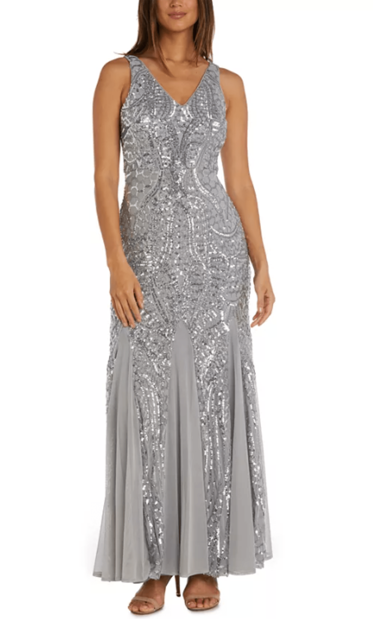 Nightway 21685 - V-Neck Sequin Godets Evening Gown Special Occasion Dress 0 / Silver