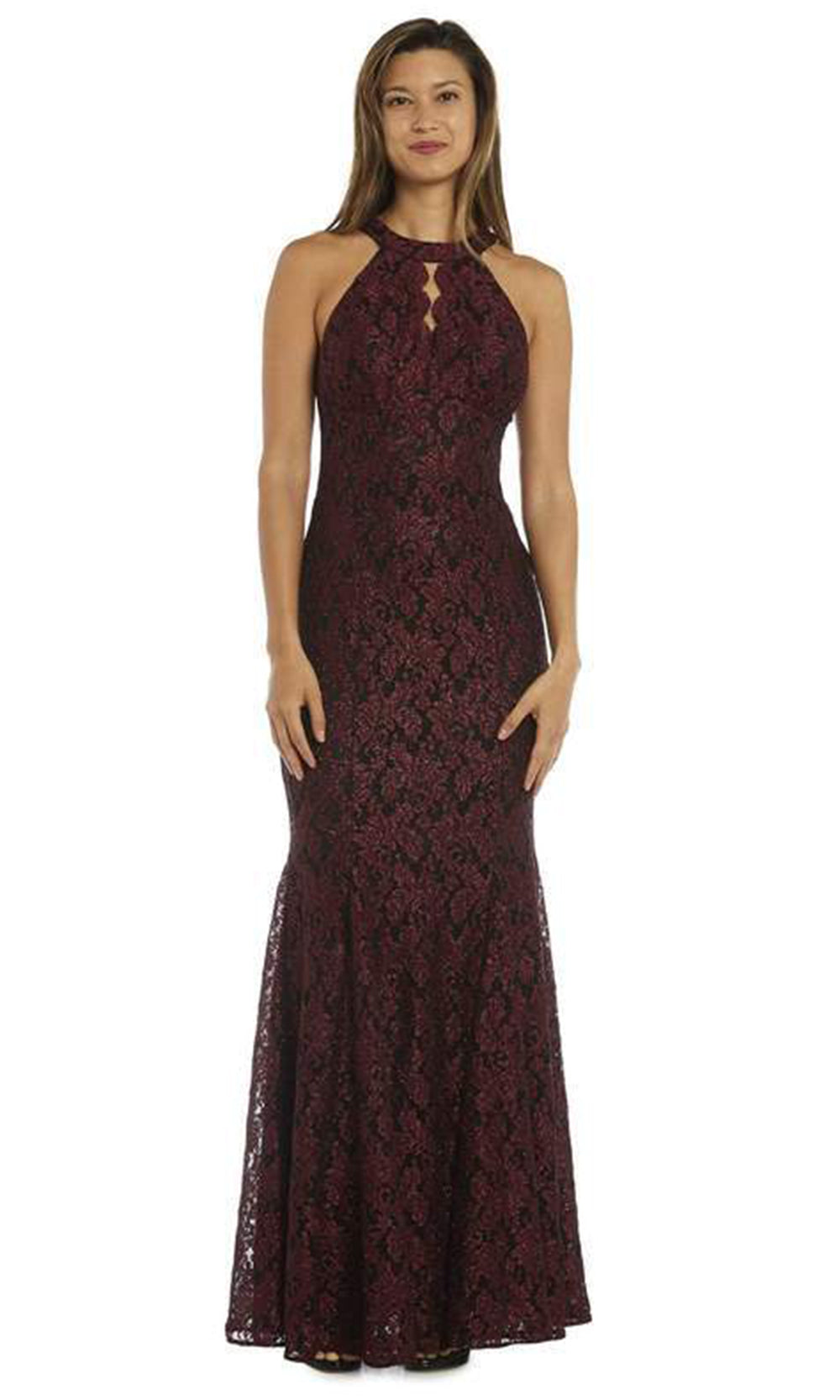 Nightway - 21689SC Halter Neck Lace Glittered Dress In Red and Black