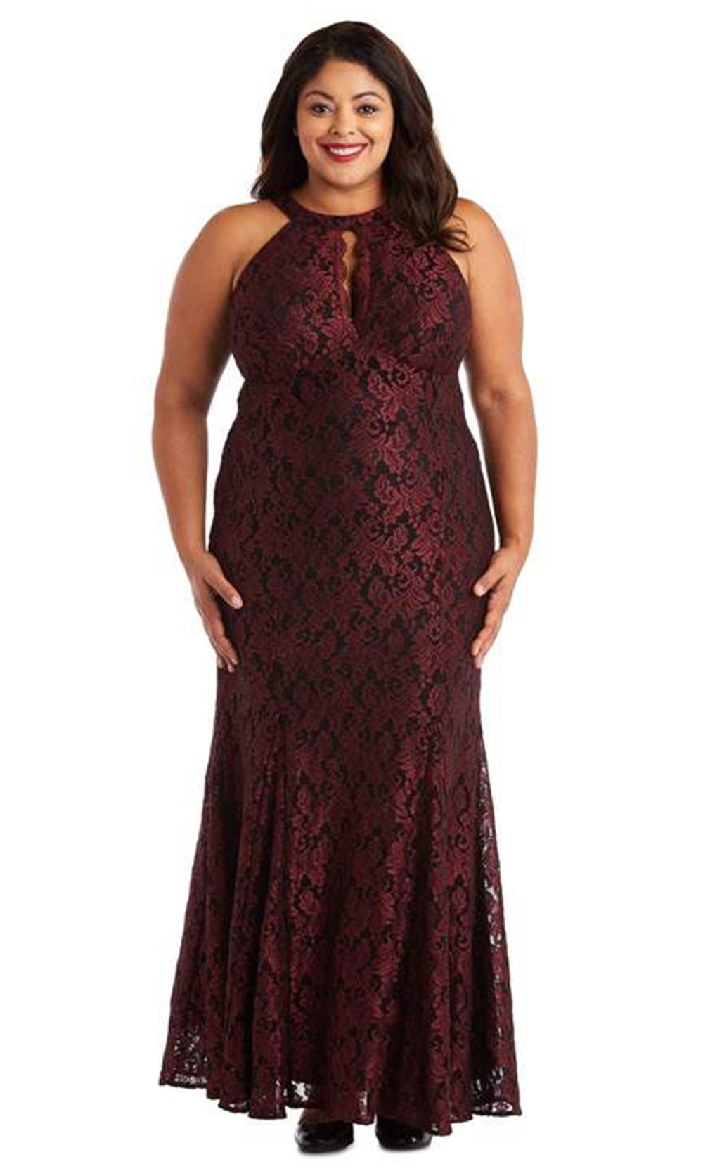 Nightway - 21689WSC Halter Neck Lace Glittered Dress Plus Size In Red and Black