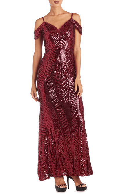Nightway 21917A - Sequined V-Neck Evening Gown Special Occasion Dress 0 / Merlot