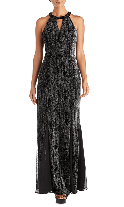 Nightway 22030 - Halter Metallic A-Lin Evening Gown Special Occasion Dress 0 / Black Silver