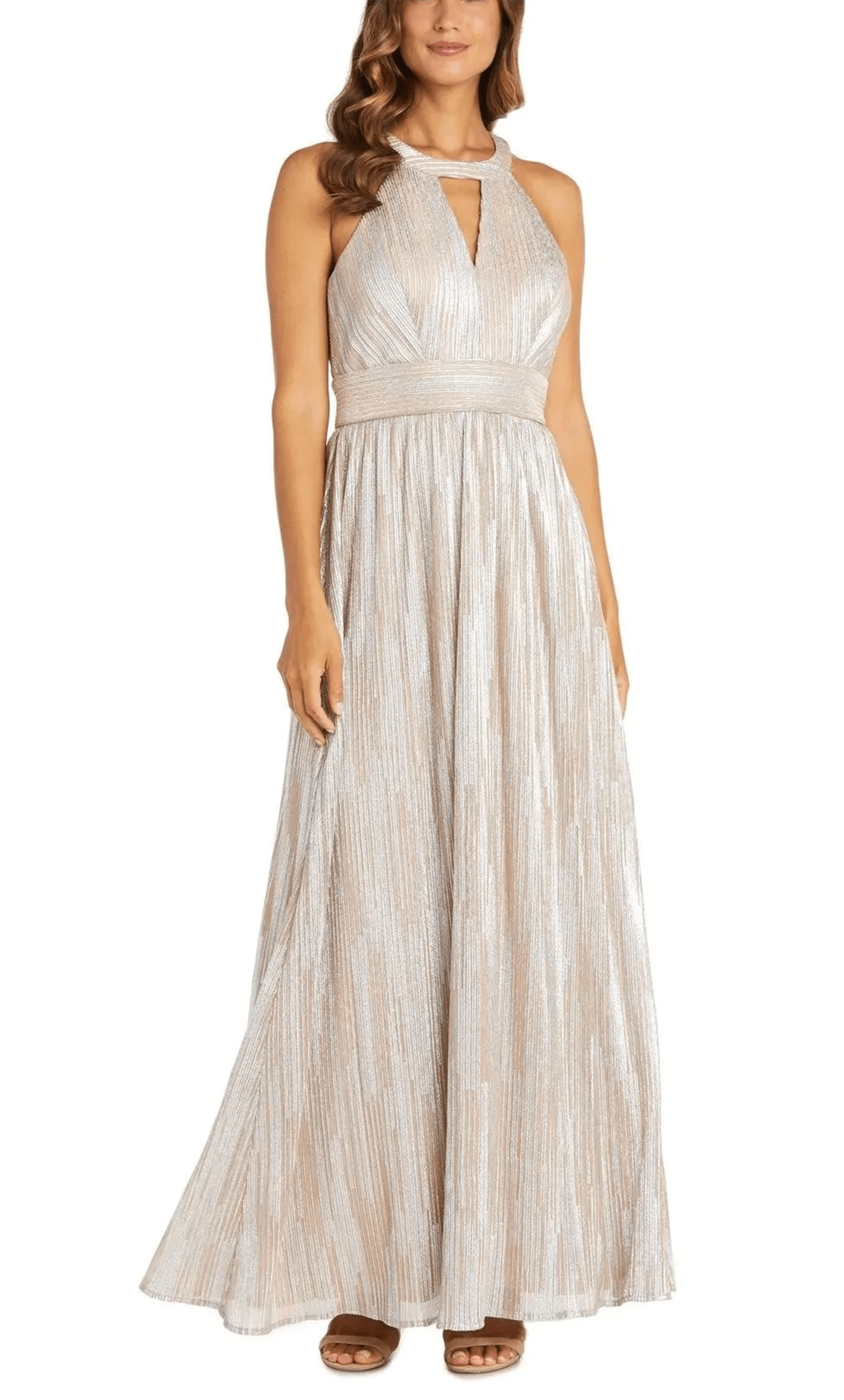Nightway 22030 - Halter Metallic A-Lin Evening Gown Special Occasion Dress 0 / Champagne Silver