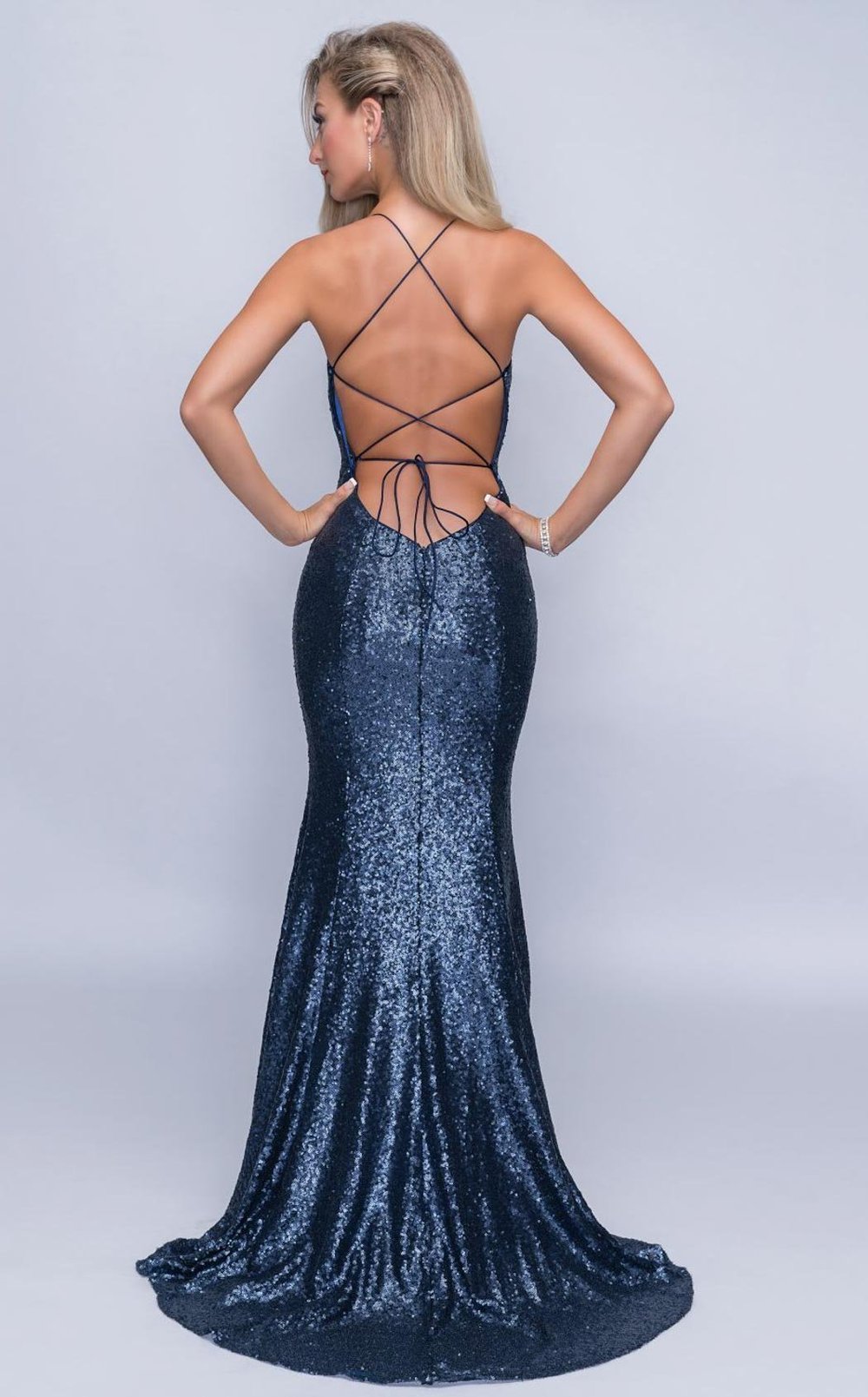 Nina Canacci - 3152 Plunging Crisscrossed Back Glitter Gown In Blue