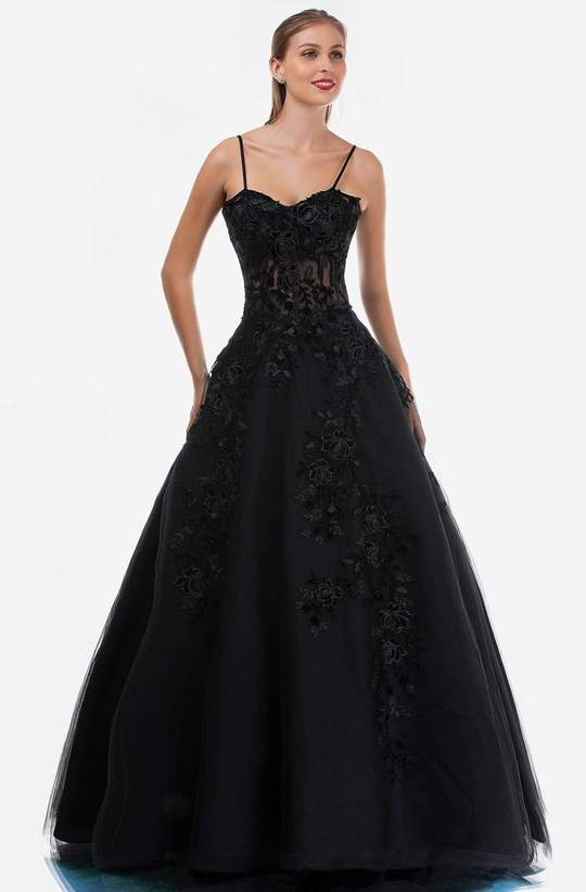 Nina Canacci - Floral Embroidered Long Ballgown 2245SC In Black