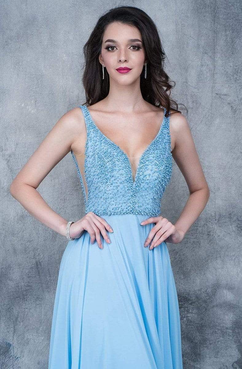 Nina Canacci - Beaded Deep V-neck A-line Dress 1336 CCSALE 8 / Ice Blue