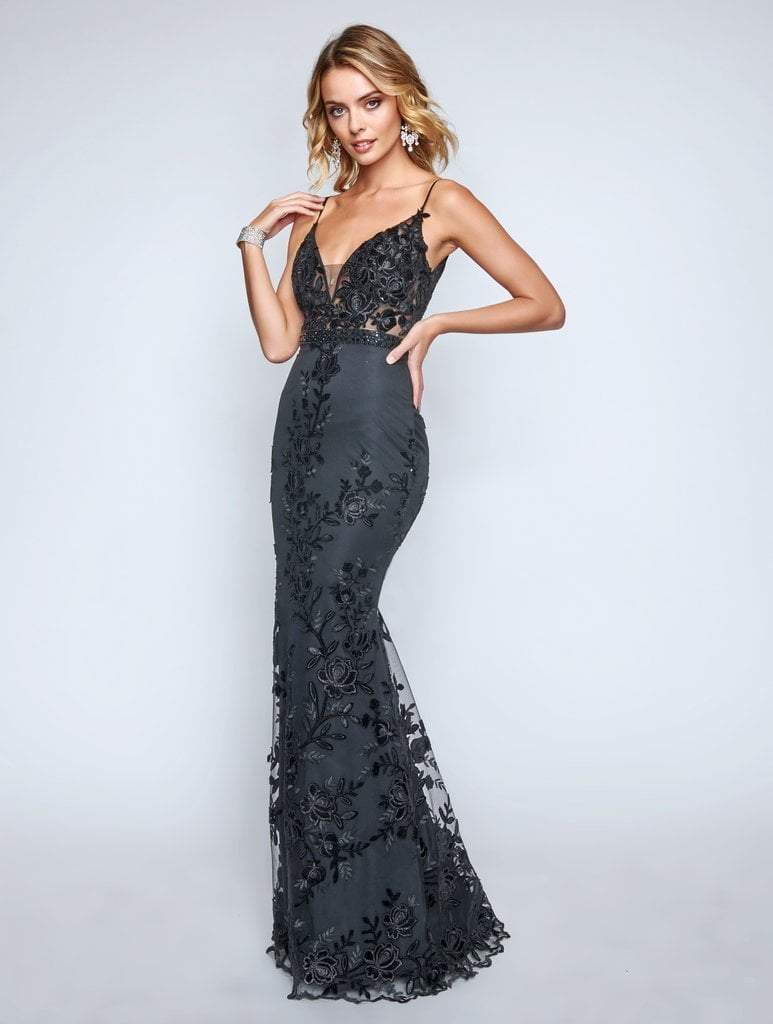 Nina Canacci - Sequin and Embroidered V-neck Trumpet Dress 2207 - 1 pc Black In Size 10 Available CCSALE 10 / Black