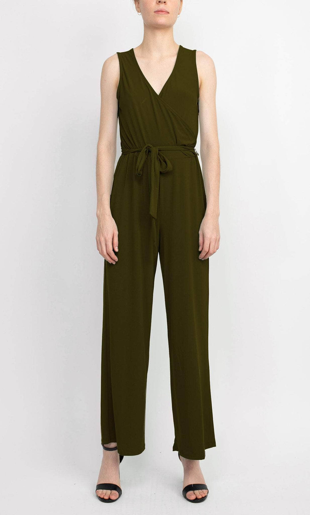 Nina Leonard L9678C - Sleeveless V-Neck Jumpsuit Formal Pantsuits L / Dark Olive