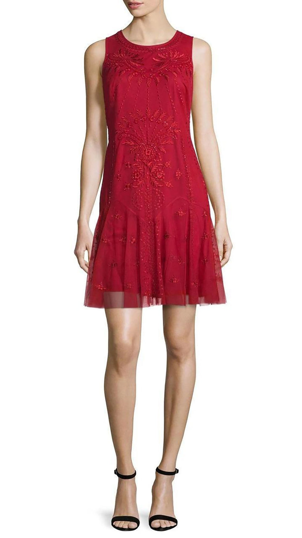 Aidan Mattox - 54473380 Embroidered Mesh Short Dress  in Red