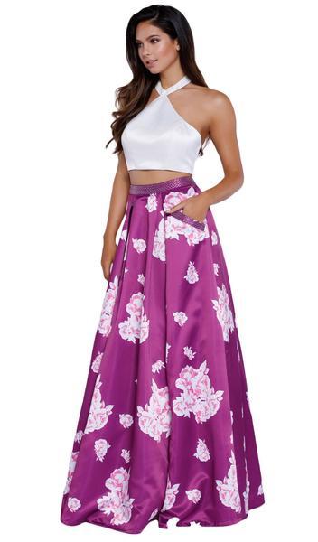 Nox Anabel - Two-piece Floral Halter A-line Evening Dress 8245 - 1 pc Floral Patterns In Size L Available In Purple And White