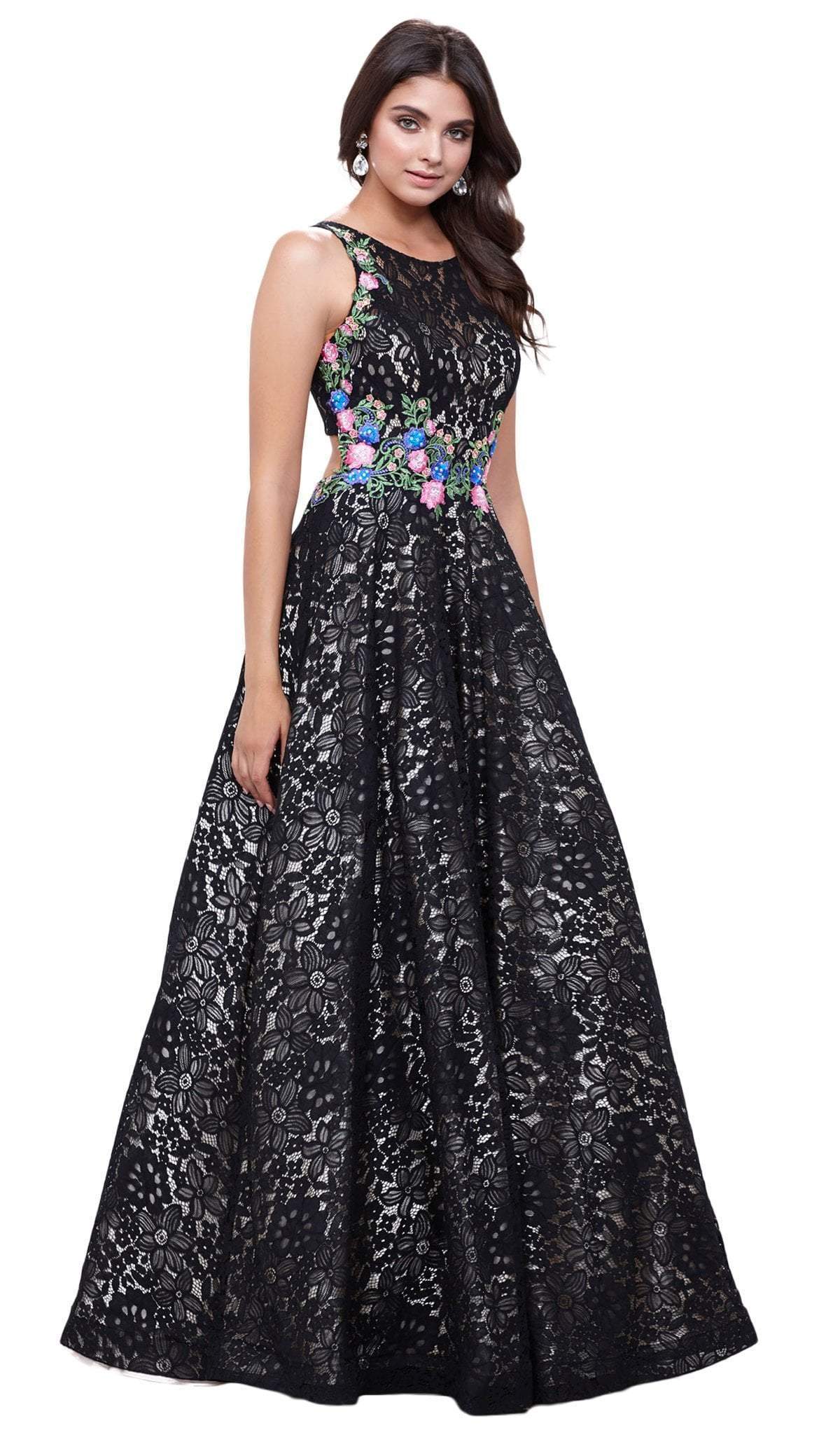 Nox Anabel - Embroidered Cut-Out Back A-Line Dress 8281SC In Black