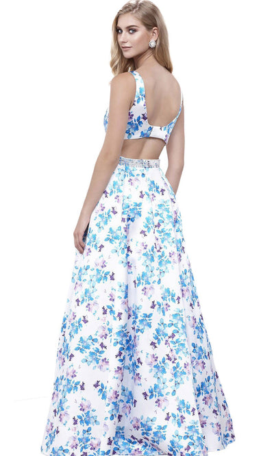 Nox Anabel - 8290SC Cut Out Floral Printed Full Length Dress In Blue and White