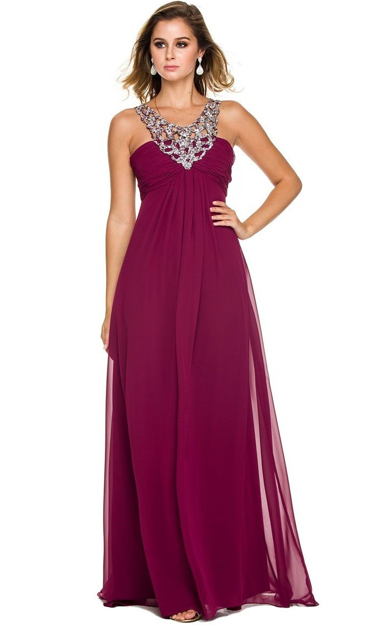 Nox Anabel - 2592 Embellished Scoop Neck Empire Waist Evening Dress Special Occasion Dress XS / Burgundy