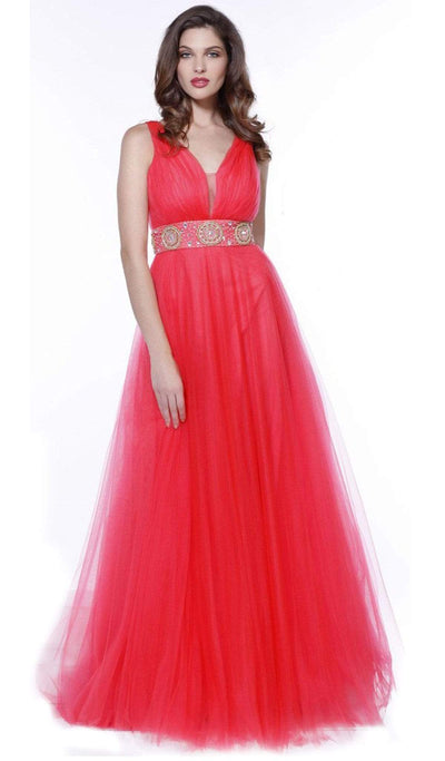 Nox Anabel - 3134 Sleeveless Ruched A-Line Long Gown Special Occasion Dress XS / Watermelon