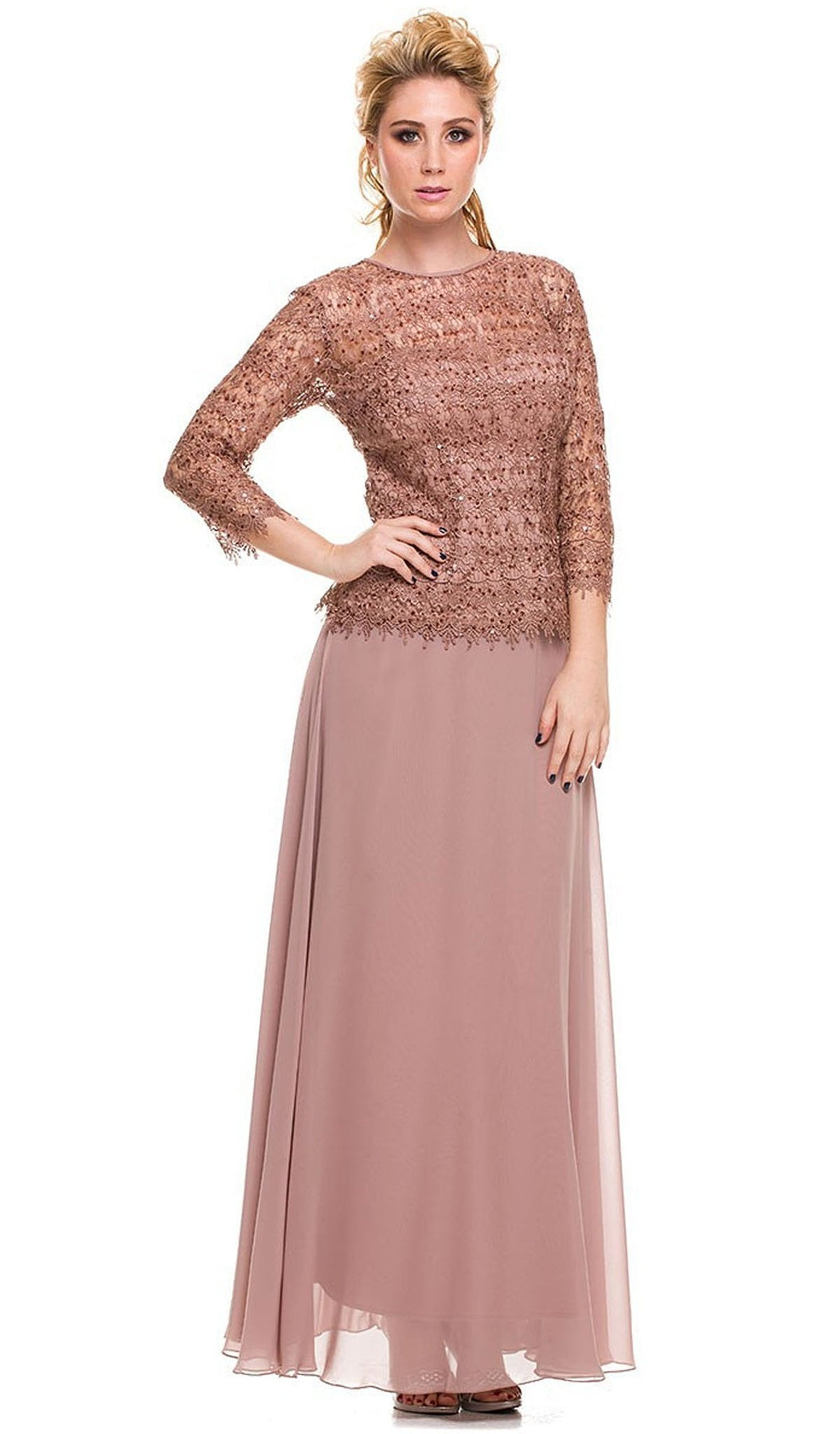 Nox Anabel - 5083 Quarter Sleeves Lace Overlay Top Long Formal Dress Special Occasion Dress M / Blush Tan