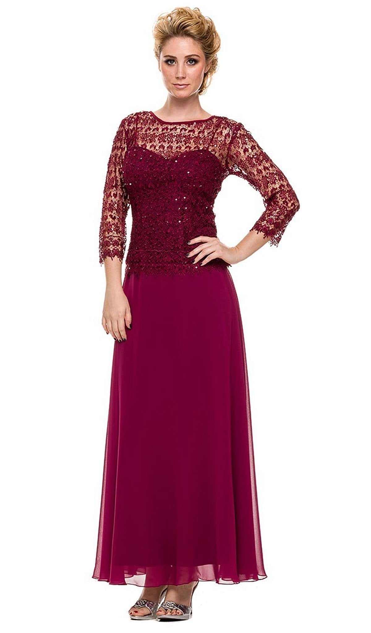 Nox Anabel - 5083 Quarter Sleeves Lace Overlay Top Long Formal Dress Special Occasion Dress M / Burgundy