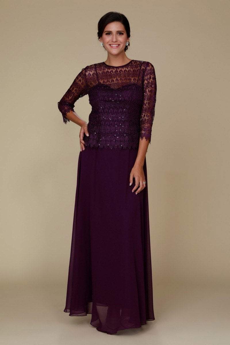 Nox Anabel - 5083 Quarter Sleeves Lace Overlay Top Long Formal Dress Special Occasion Dress M / Eggplant