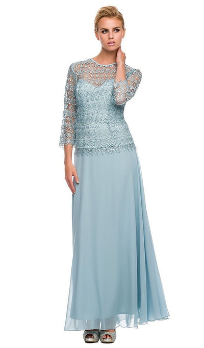 Nox Anabel - 5083 Quarter Sleeves Lace Overlay Top Long Formal Dress Special Occasion Dress M / Light Blue
