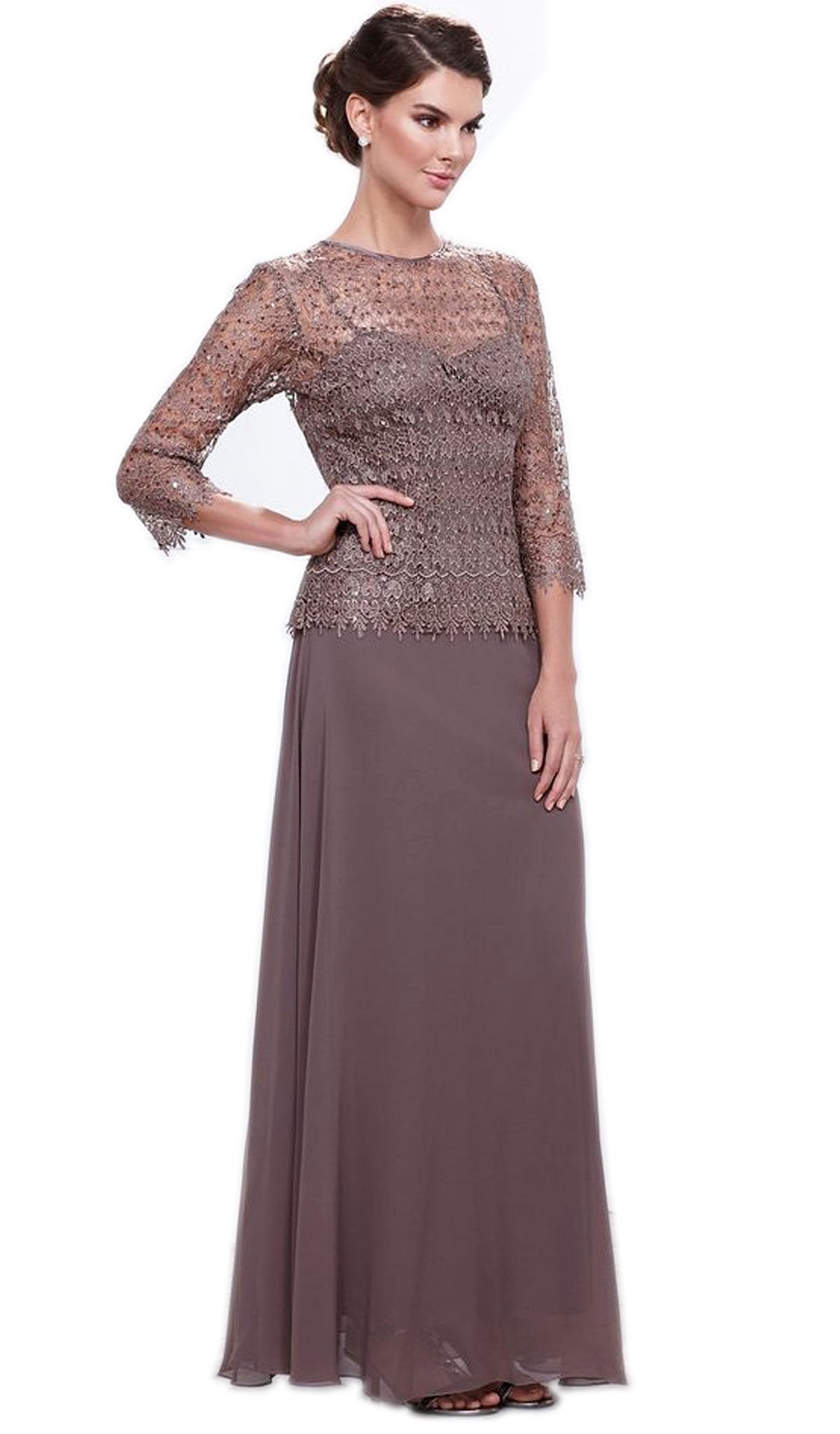 Nox Anabel - 5083 Quarter Sleeves Lace Overlay Top Long Formal Dress Special Occasion Dress M / Mocha