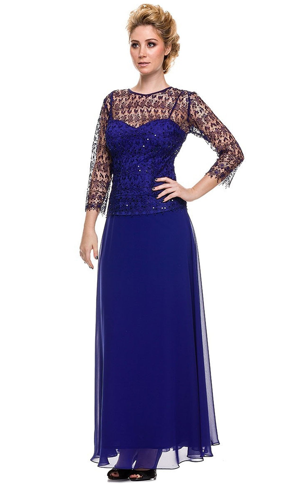 Nox Anabel - 5083 Quarter Sleeves Lace Overlay Top Long Formal Dress Special Occasion Dress M / Royal Blue