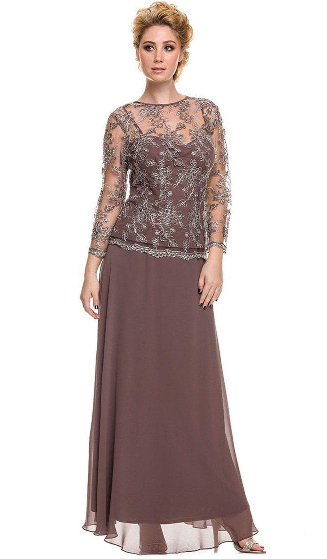 Nox Anabel - 5096 Sheer Lace Jewel Neck A-line Long Formal Dress Mother of the Bride Dresses M / Mocha