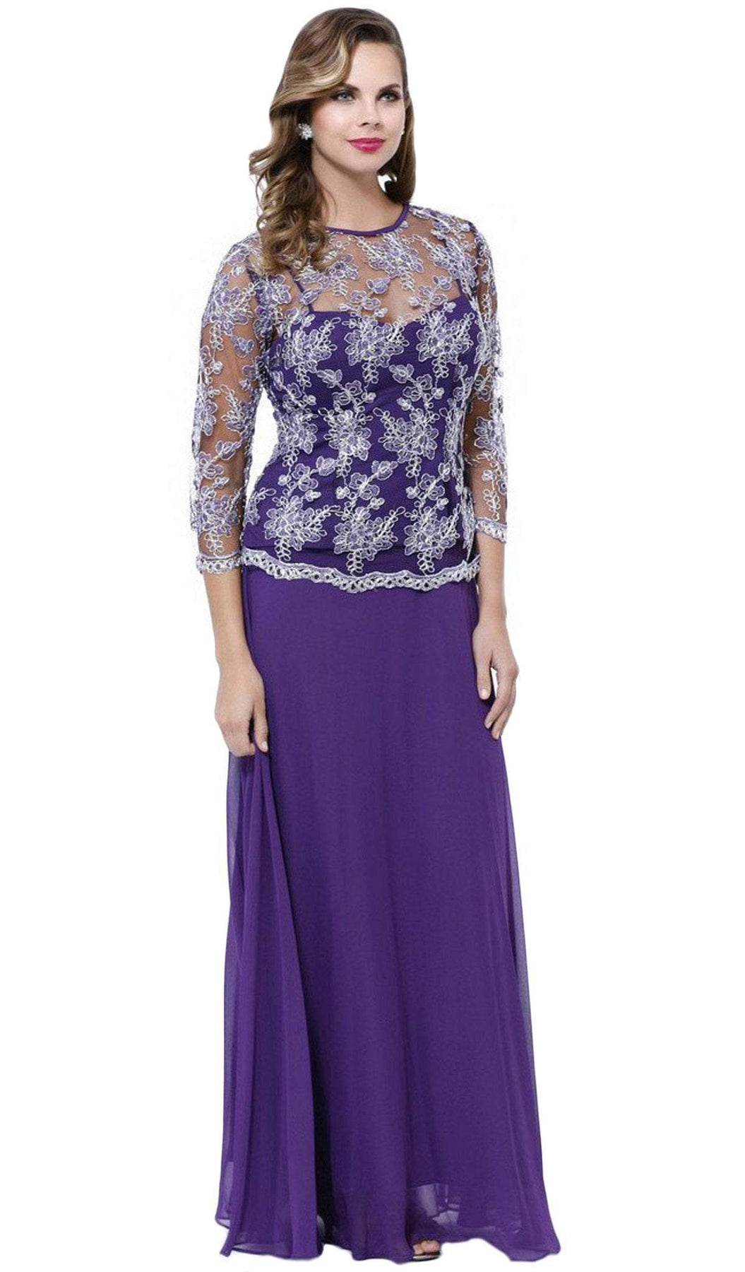 Nox Anabel - 5096 Sheer Lace Jewel Neck A-line Long Formal Dress Mother of the Bride Dresses M / Plum
