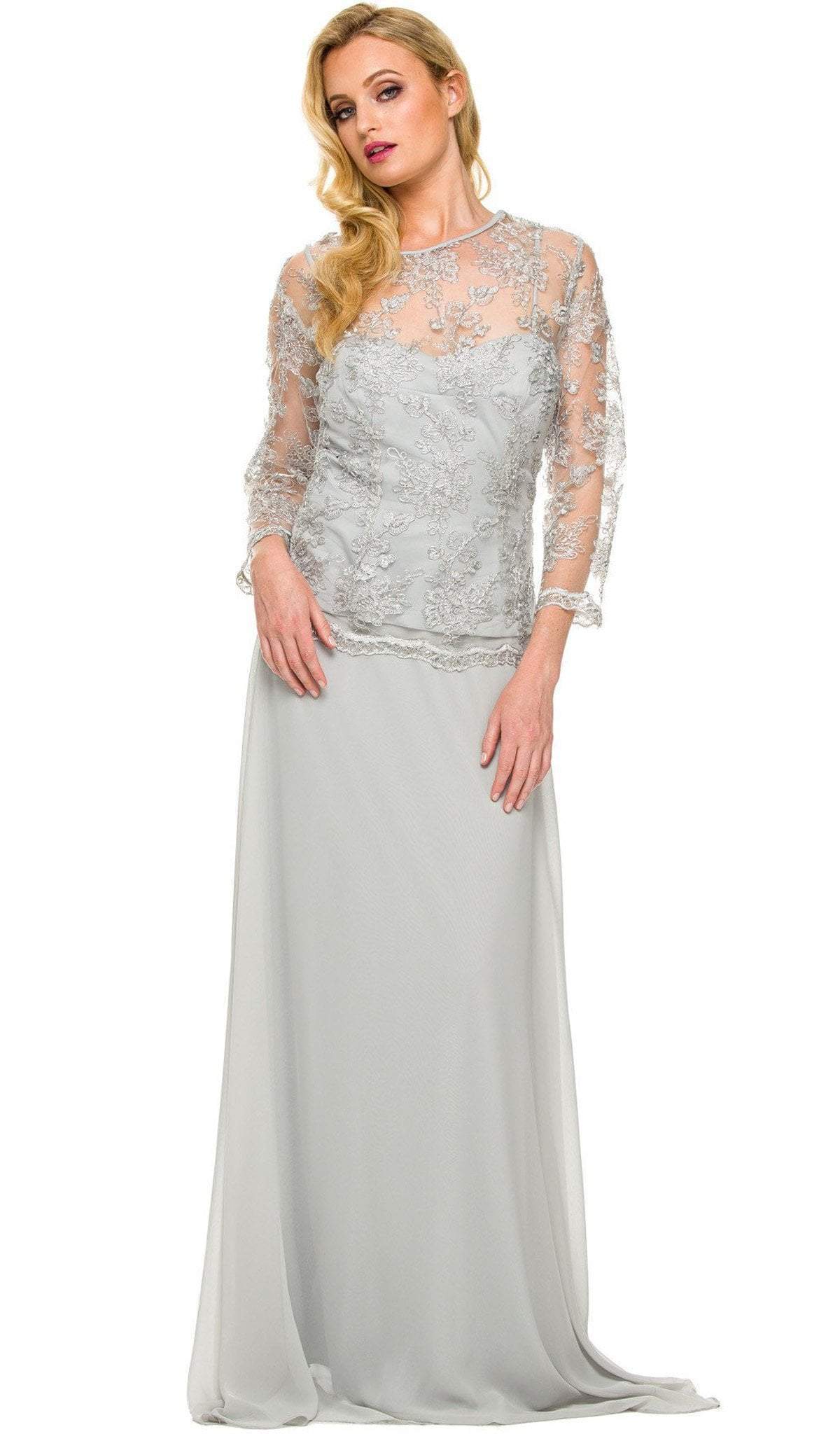Nox Anabel - 5096 Sheer Lace Jewel Neck A-line Long Formal Dress Mother of the Bride Dresses M / Silver