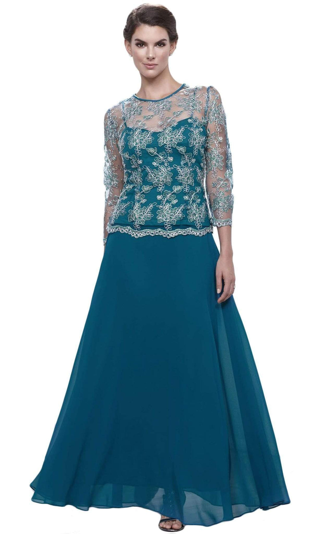 Nox Anabel - 5096 Sheer Lace Jewel Neck A-line Long Formal Dress Mother of the Bride Dresses M / Teal