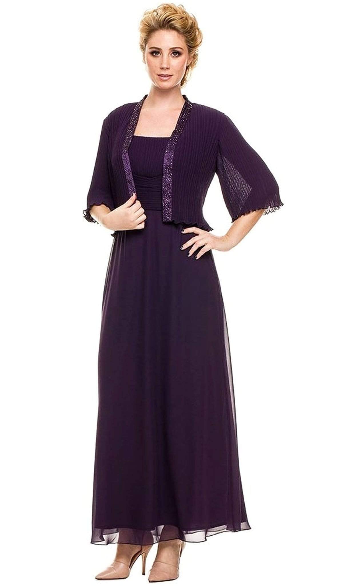 Nox Anabel - 5099 Ruched Square Neck Dress with Matching Jacket Mother of the Bride Dresses M / Plum