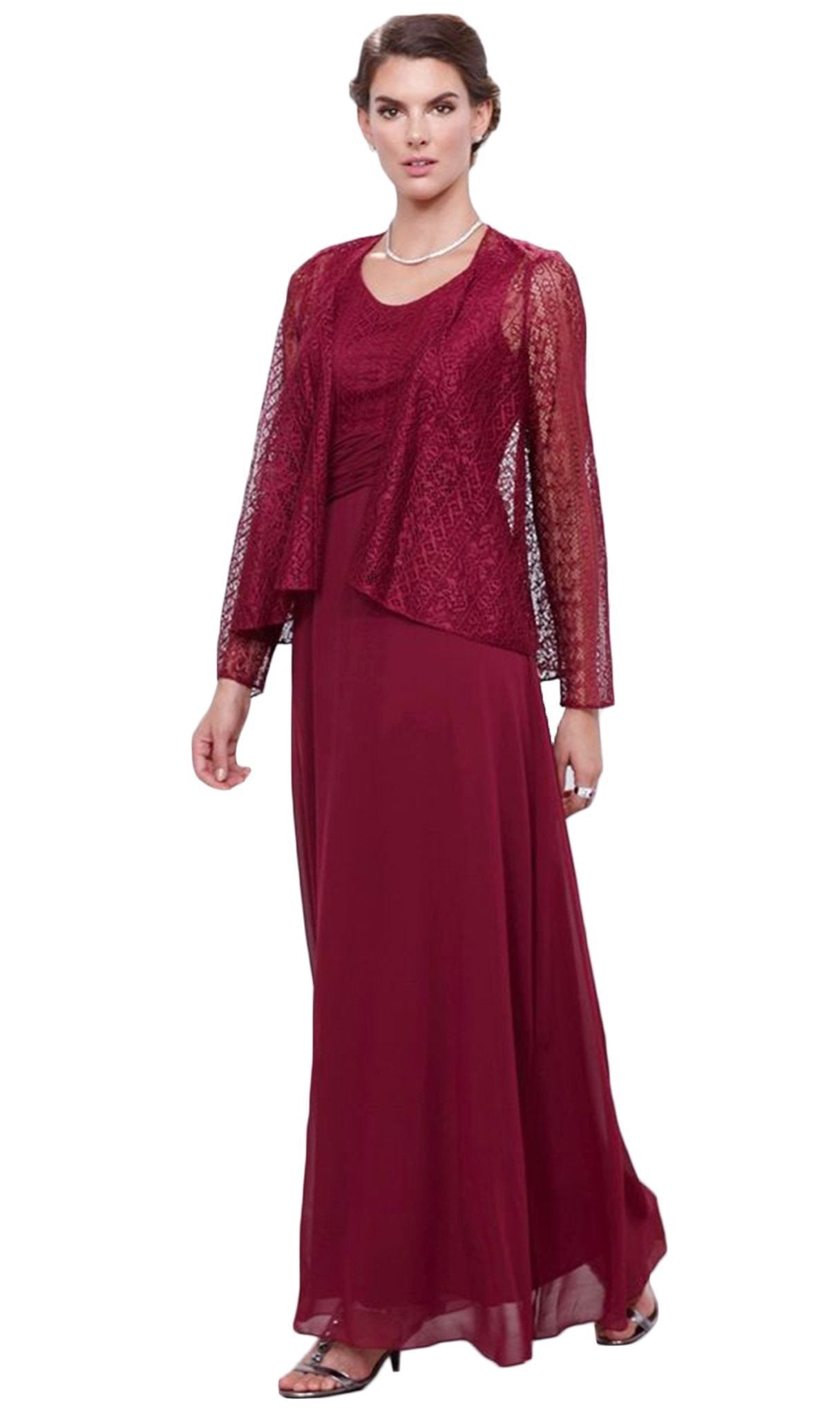 Nox Anabel - 5138 Lace Scoop Neck A-line Dress Special Occasion Dress M / Burgundy