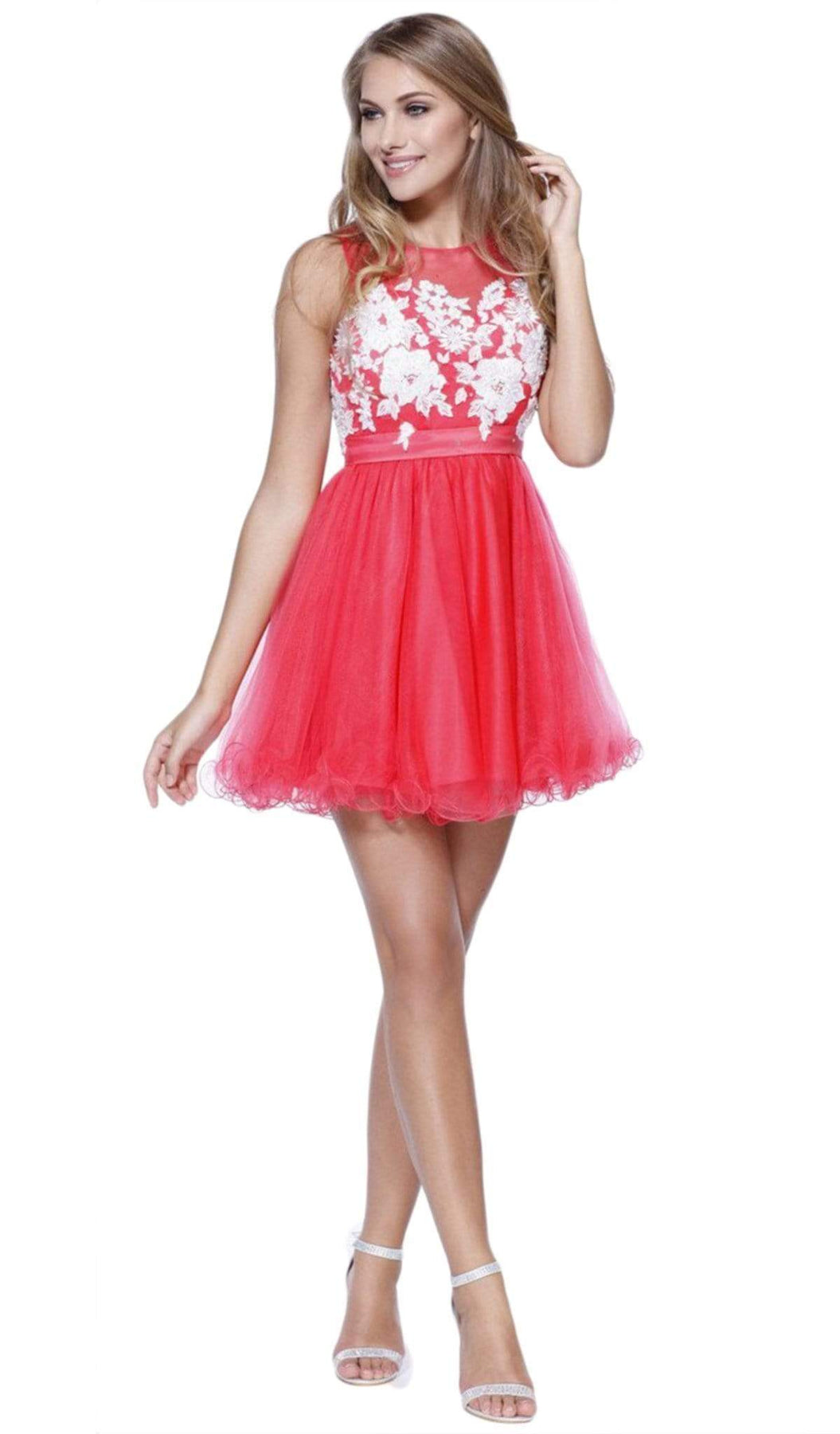 Nox Anabel - 6040 Embroidered Illusion Neck Dress Special Occasion Dress XS / Watermelon
