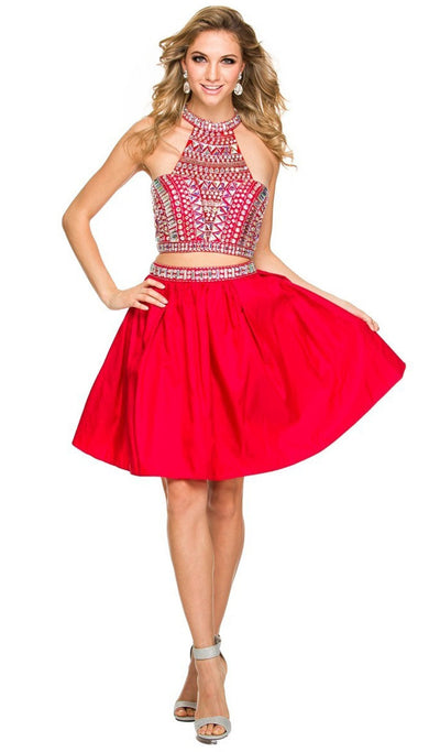 Nox Anabel - 6053 Gem Embellished Halter Two-Piece Cocktail Dress Special Occasion Dress XS / Red