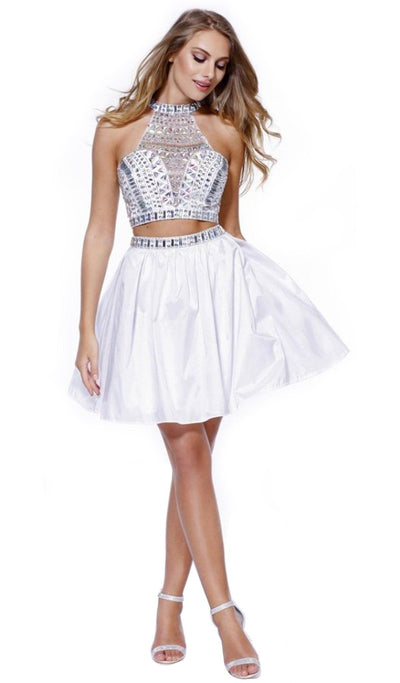 Nox Anabel - 6053 Gem Embellished Halter Two-Piece Cocktail Dress Special Occasion Dress XS / White