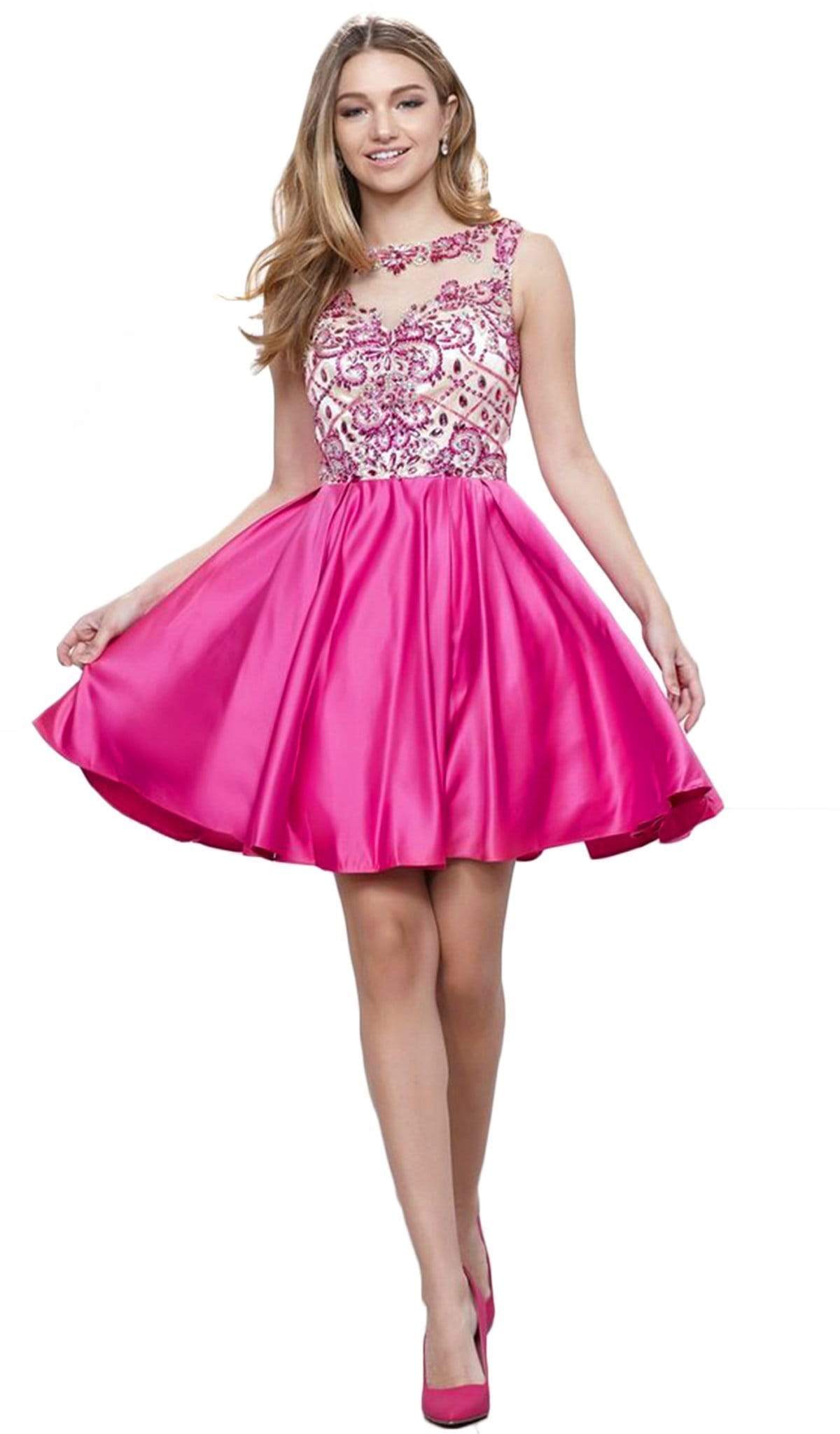 Nox Anabel - 6059 Sleeveless Illusion Adorned Cocktail Dress Special Occasion Dress XS / Fuchsia