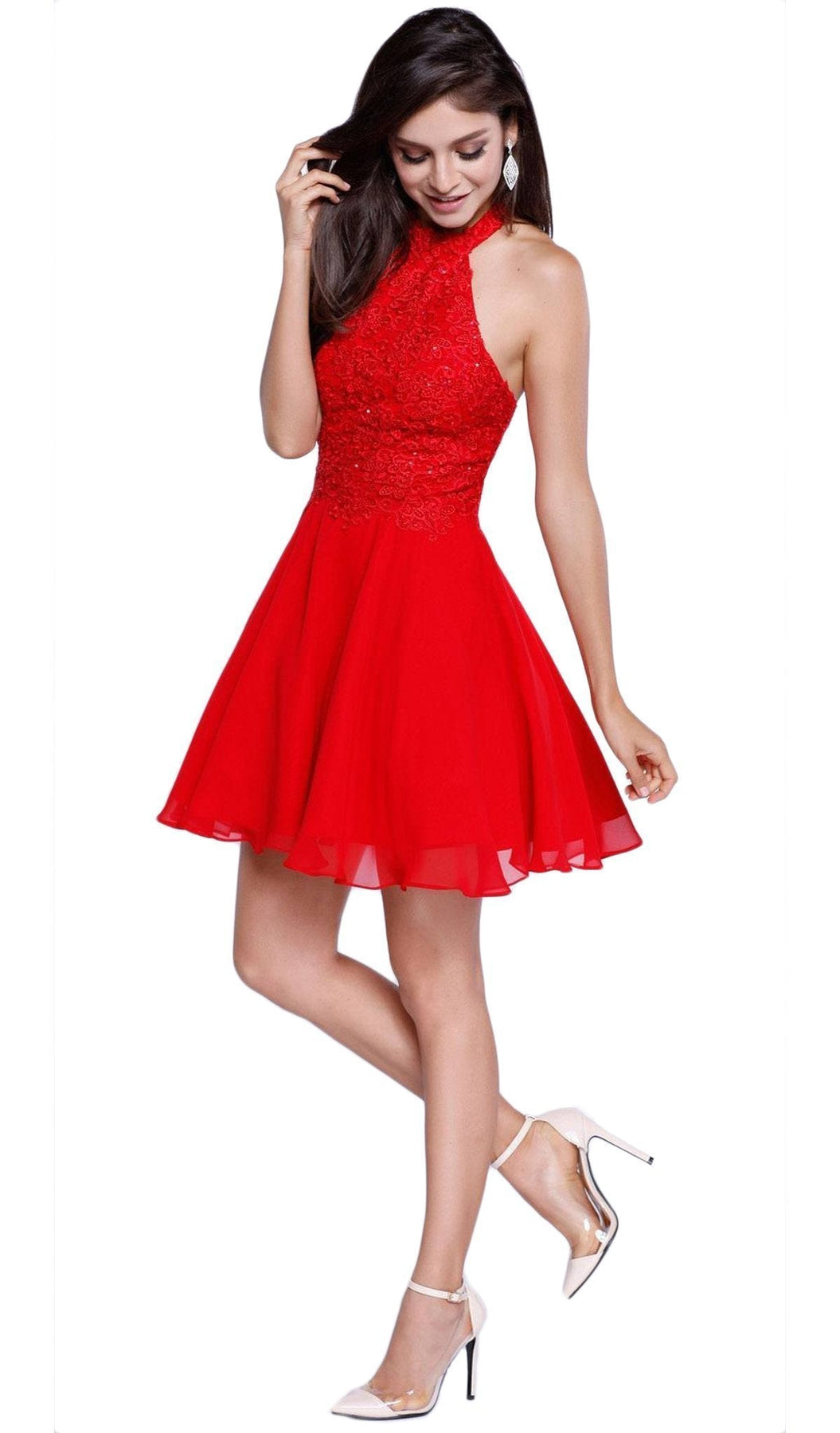 Nox Anabel - 6210 Lace Halter Neck Dress Special Occasion Dress XS / Red