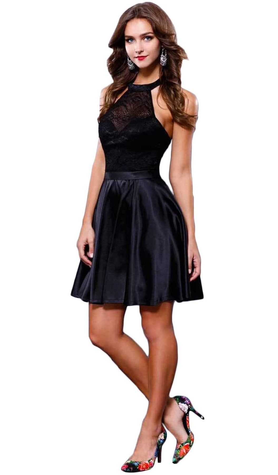 Nox Anabel - 6217 Illusion Laced Halter Short Prom Dress Special Occasion Dress XS / Black