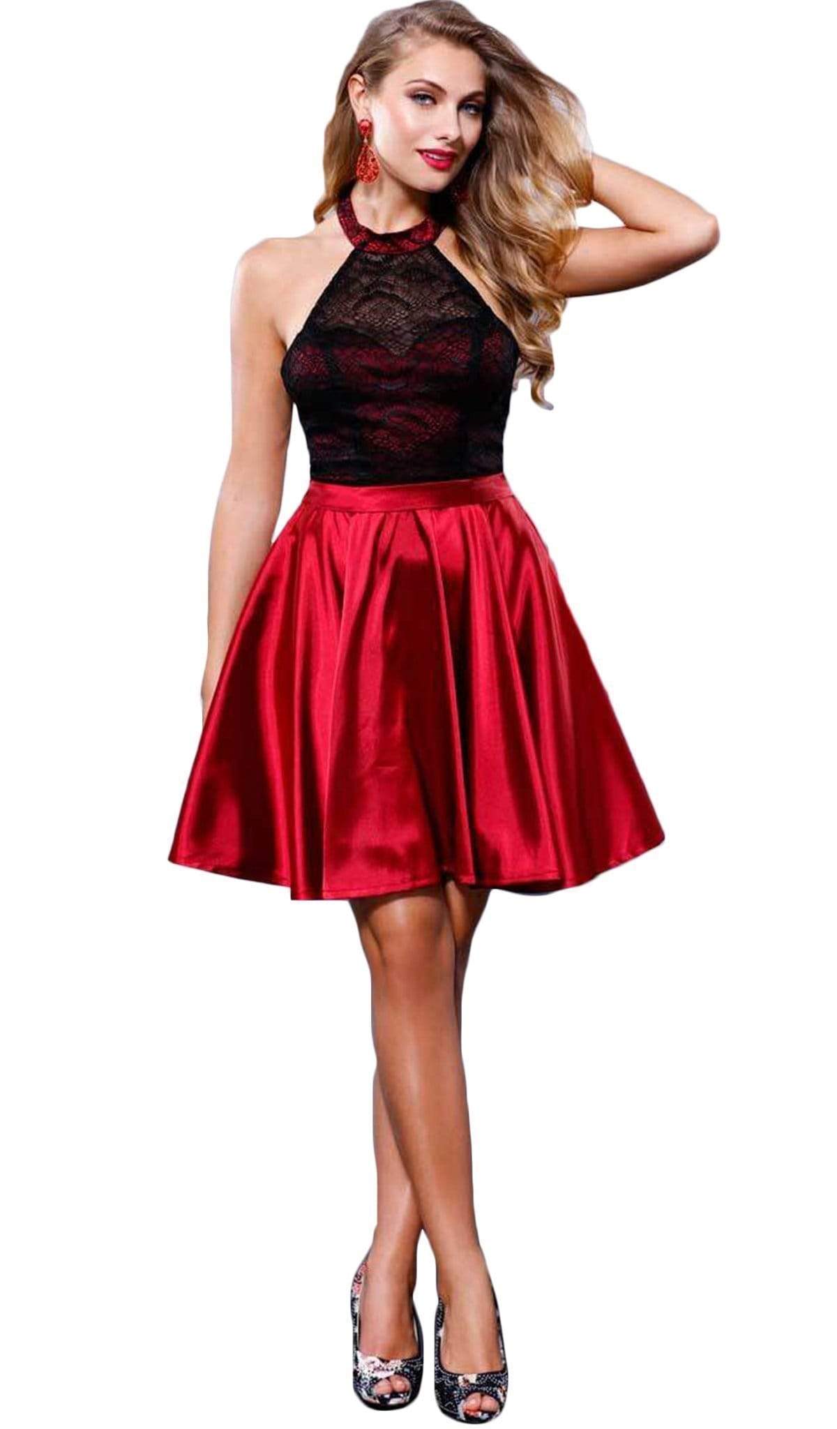 Nox Anabel - 6217 Illusion Laced Halter Short Prom Dress Special Occasion Dress XS / Black & Red