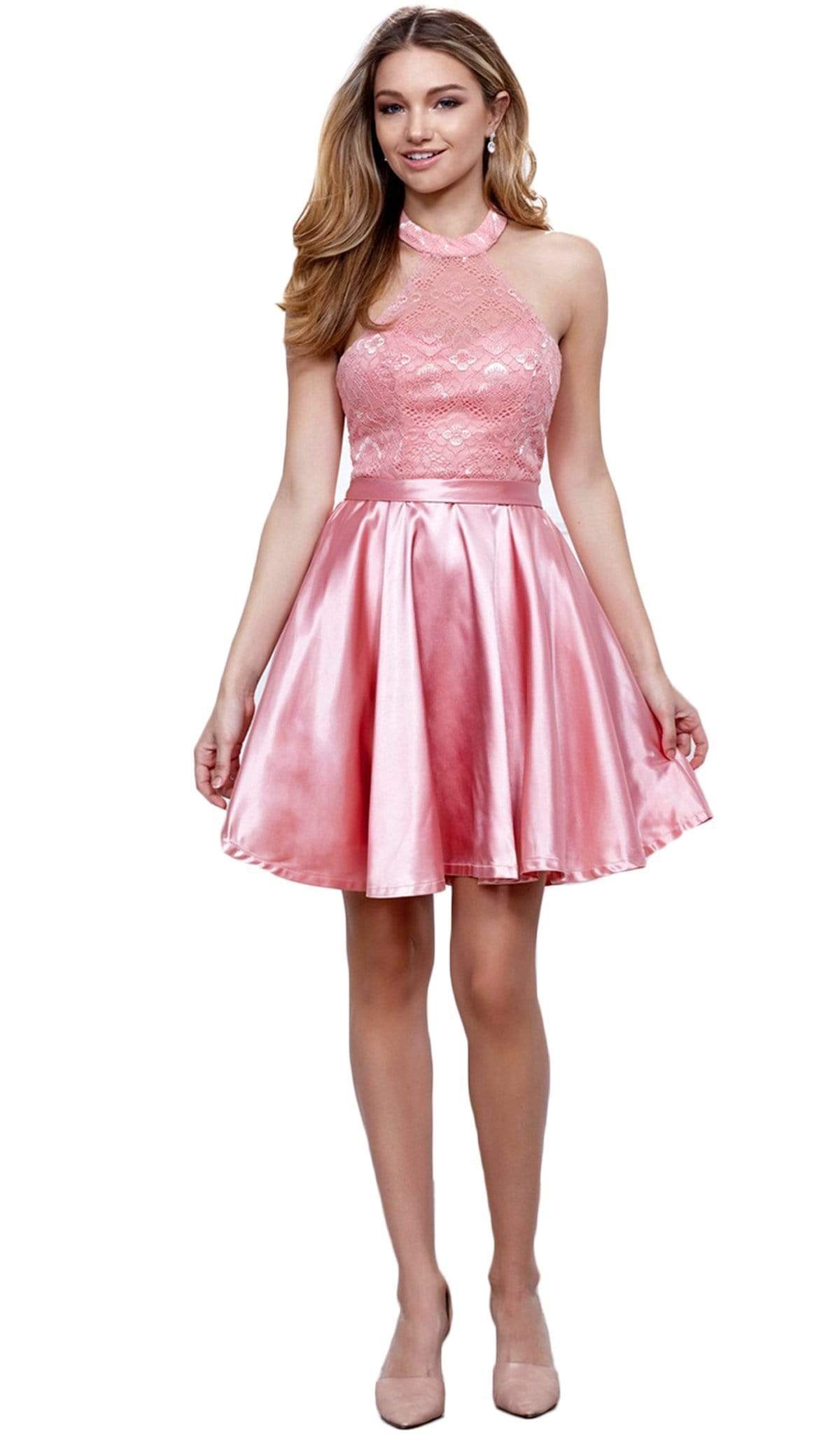 Nox Anabel - 6217 Illusion Laced Halter Short Prom Dress Special Occasion Dress XS / Dusty Rose